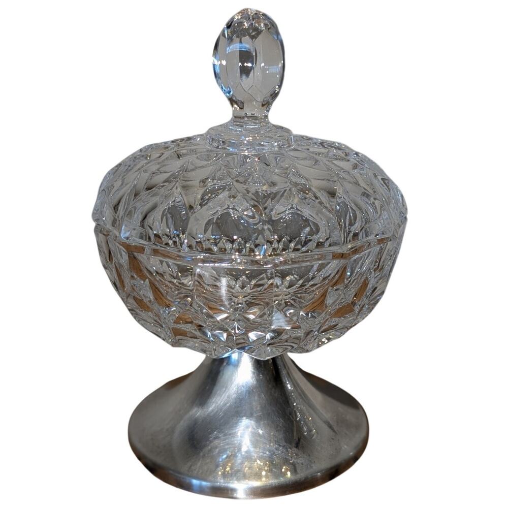 Vintage Wallace Silver Plate Pedestal Crystal Lidded Candy Dish USA Made - Picture 2 of 8